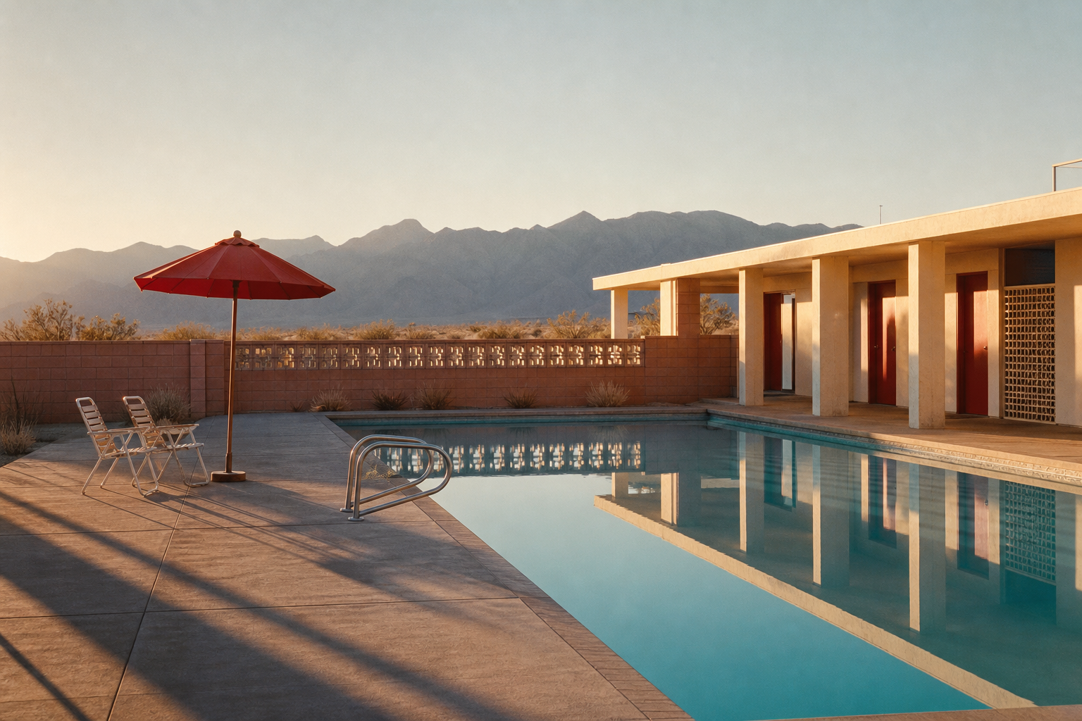 Desert motel pool at golden hour